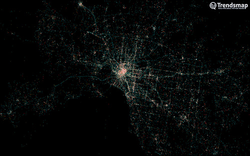 A heat map of the Melbourne area generated using geo-tweets. By Trendsmap